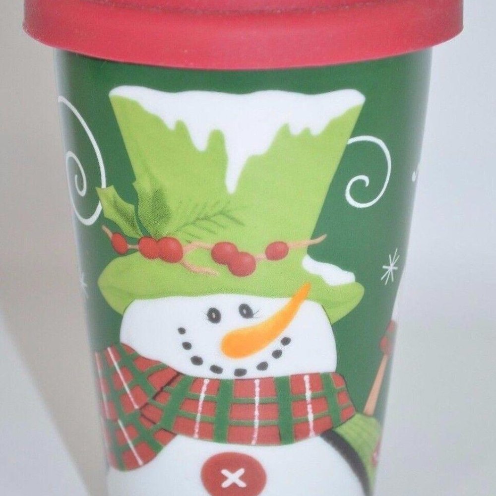 Fitz and Floyd Holly Hat Snowman Ceramic Coffee Tea Travel Cup Mug w/Lid 10 oz.